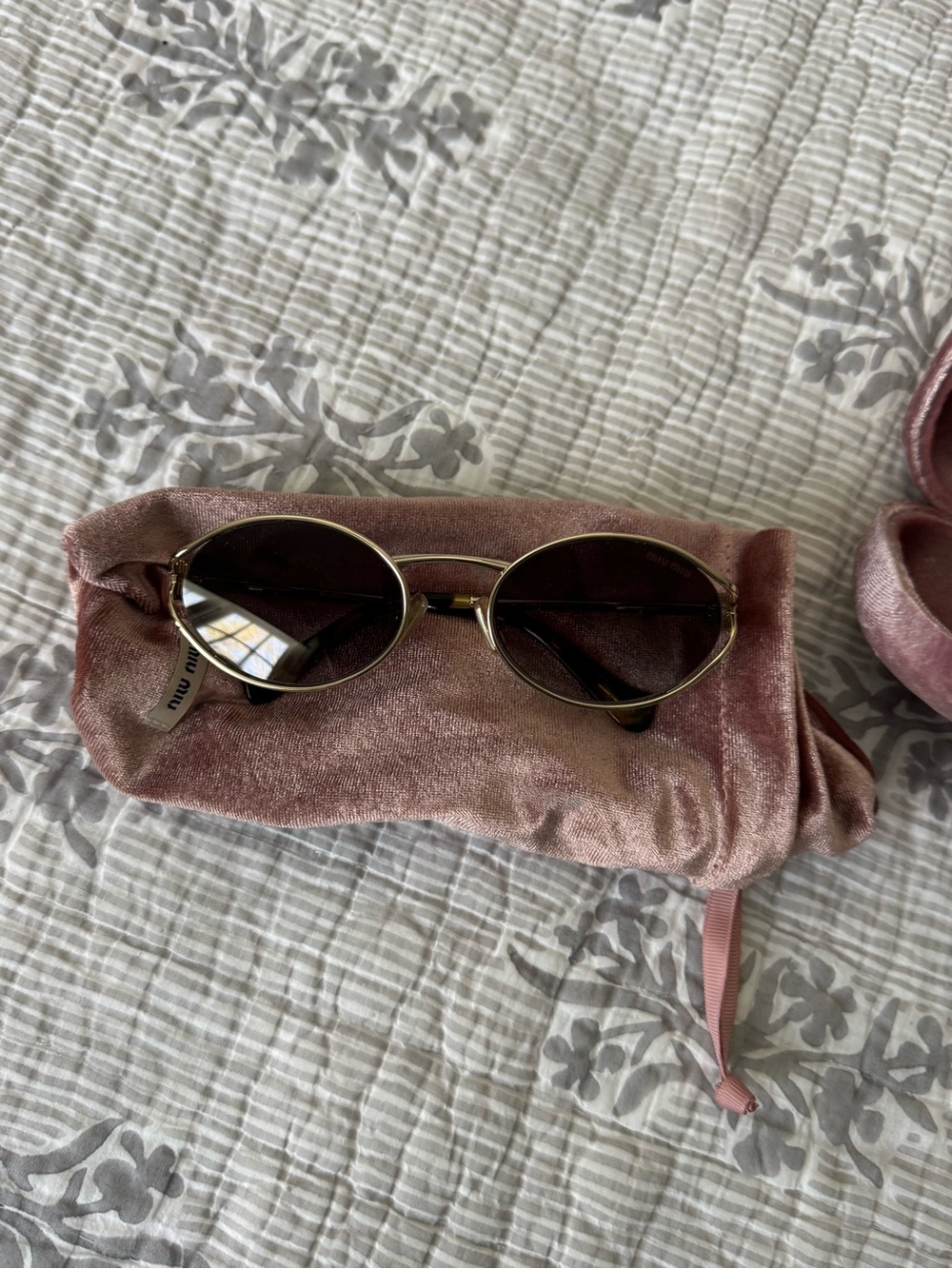 Miu Miu Gold Frame Sunglasses with Pink Velvet Pouch